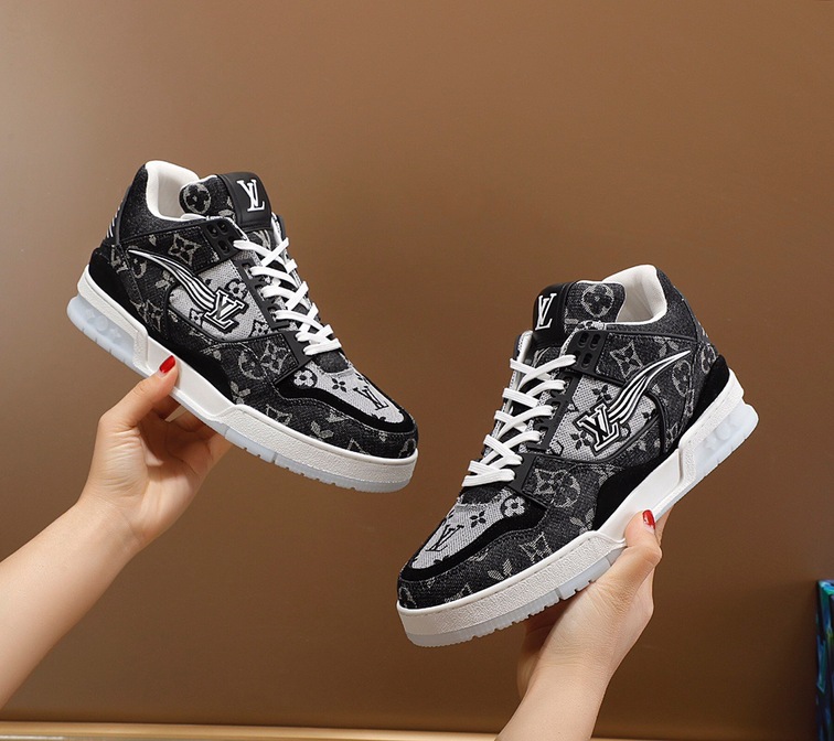 Lv Trainer Black White Denim Sneakers