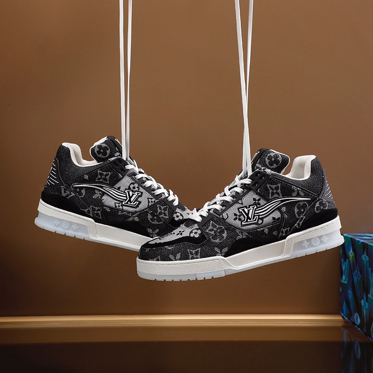 Lv Trainer Black White Denim Sneakers