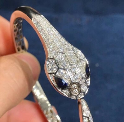 Bulgari Serpenti Bangle Bracelet In 18kt White Gold Set With Blue Sapphire Eyes And Pave Diamonds