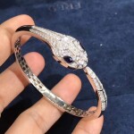 Bulgari Serpenti Bangle Bracelet In 18kt White Gold Set With Blue Sapphire Eyes And Pave Diamonds