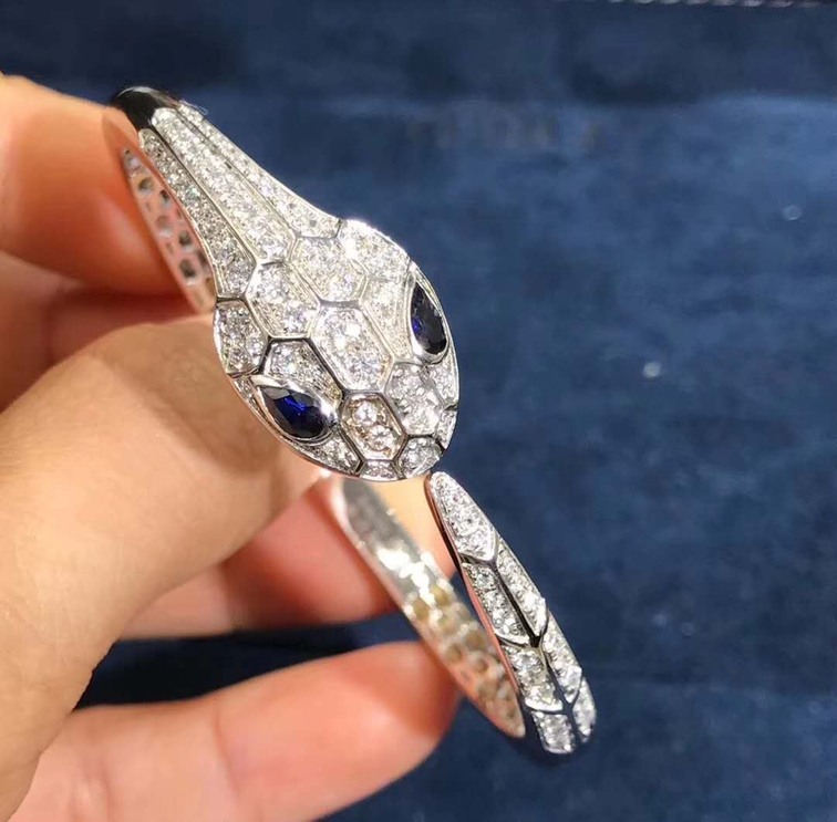 Bulgari Serpenti Bangle Bracelet In 18kt White Gold Set With Blue Sapphire Eyes And Pave Diamonds