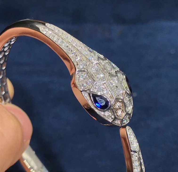 Bulgari Serpenti Bangle Bracelet In 18kt White Gold Set With Blue Sapphire Eyes And Pave Diamonds