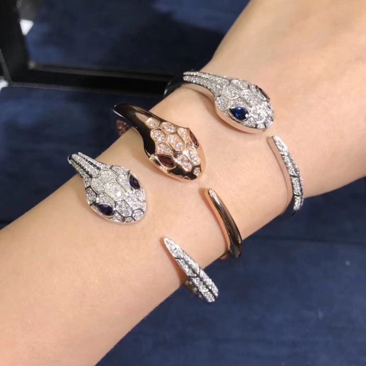 Bulgari Serpenti Bangle Bracelet In 18kt White Gold Set With Blue Sapphire Eyes And Pave Diamonds