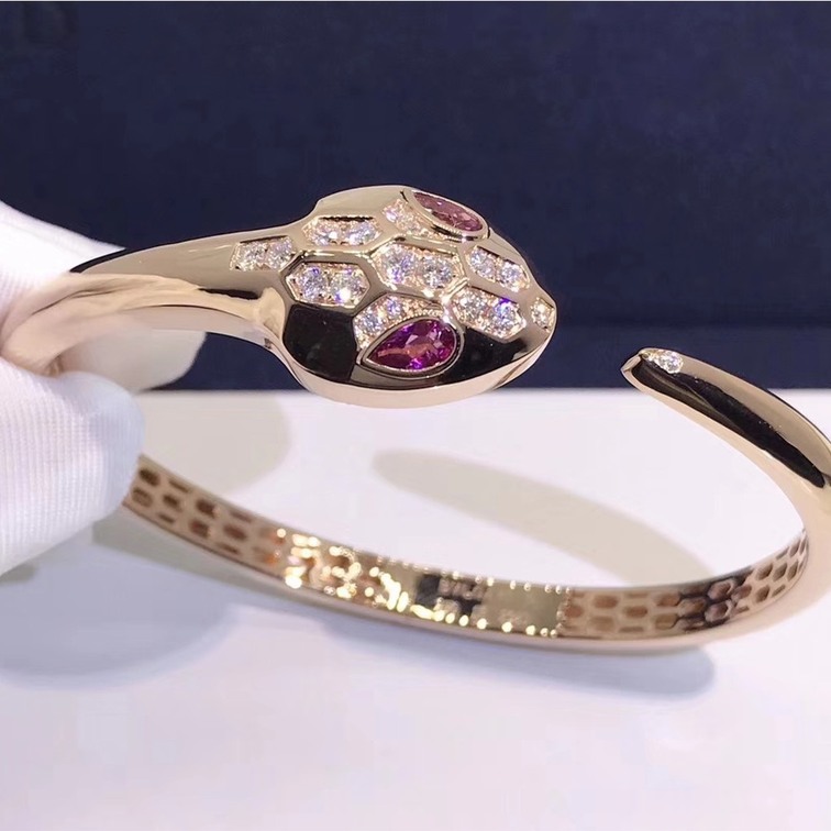 Bulgari Serpenti Bangle Bracelet In 18kt White Gold Set With Blue Sapphire Eyes And Pave Diamonds