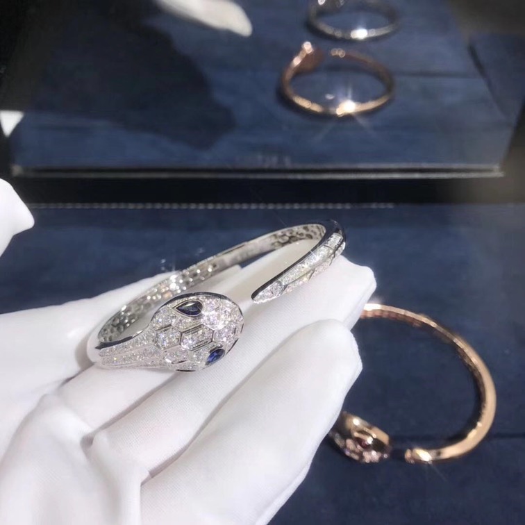 Bulgari Serpenti Bangle Bracelet In 18kt White Gold Set With Blue Sapphire Eyes And Pave Diamonds