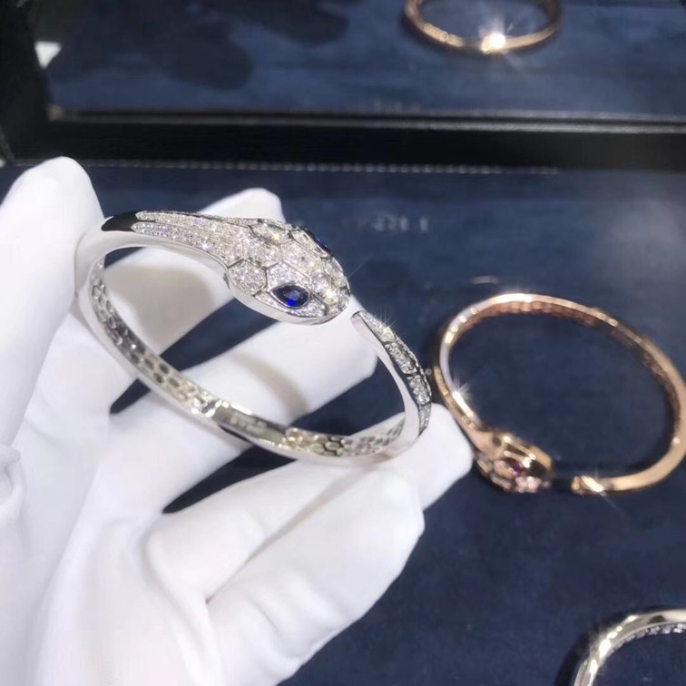 Bulgari Serpenti Bangle Bracelet In 18kt White Gold Set With Blue Sapphire Eyes And Pave Diamonds