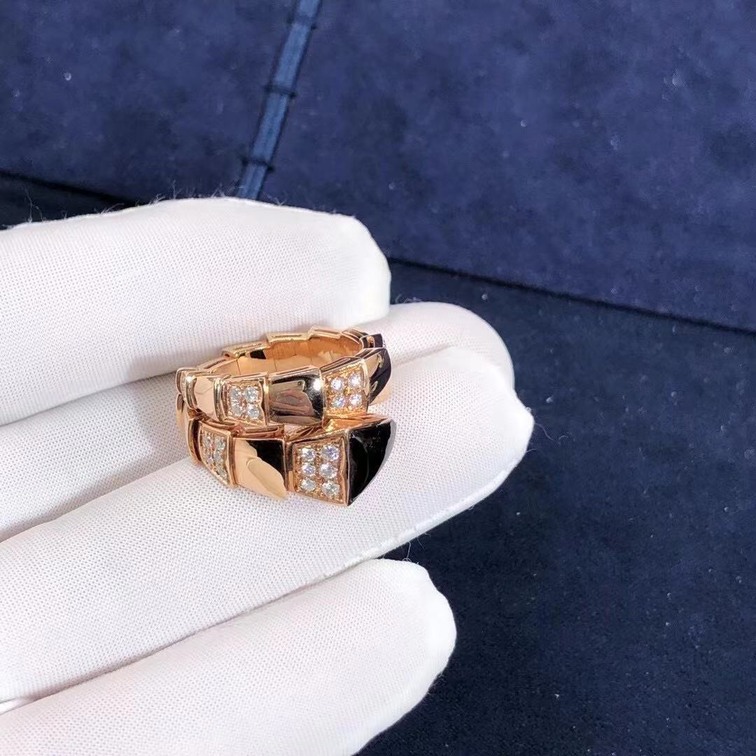 Bulgari Serpenti Viper Onyx And Demi Pave Diamonds One Coil Ring