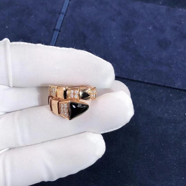 Bulgari Serpenti Viper Onyx And Demi Pave Diamonds One Coil Ring