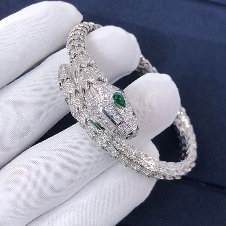Bvlgari Serpenti 18kt White Gold Bracelet Set With Pave Diamonds And Two Emerald Eyes