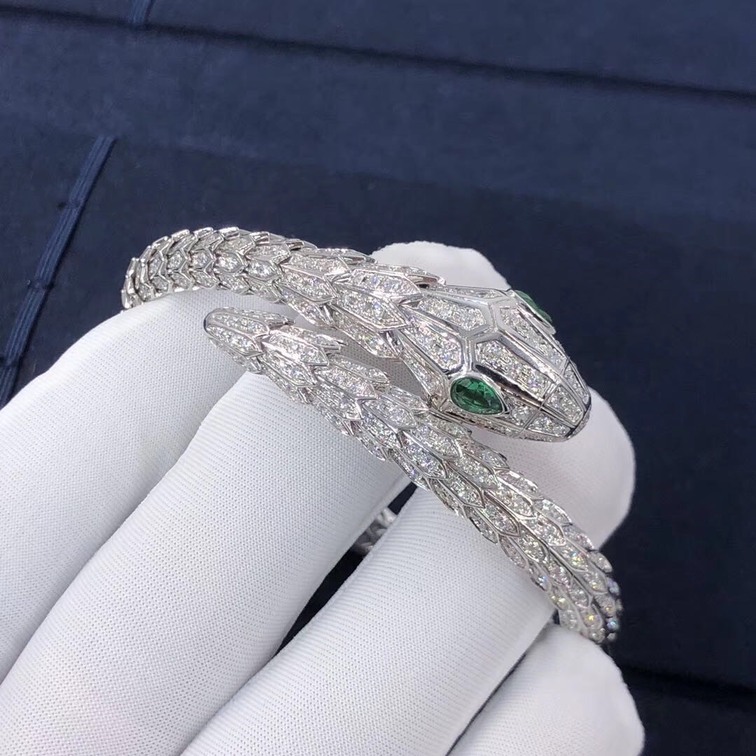 Bvlgari Serpenti 18kt White Gold Bracelet Set With Pave Diamonds And Two Emerald Eyes
