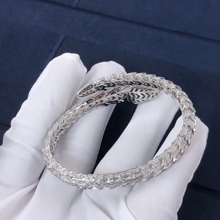 Bvlgari Serpenti 18kt White Gold Bracelet Set With Pave Diamonds And Two Emerald Eyes