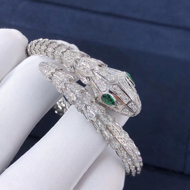 Bvlgari Serpenti 18kt White Gold Bracelet Set With Pave Diamonds And Two Emerald Eyes