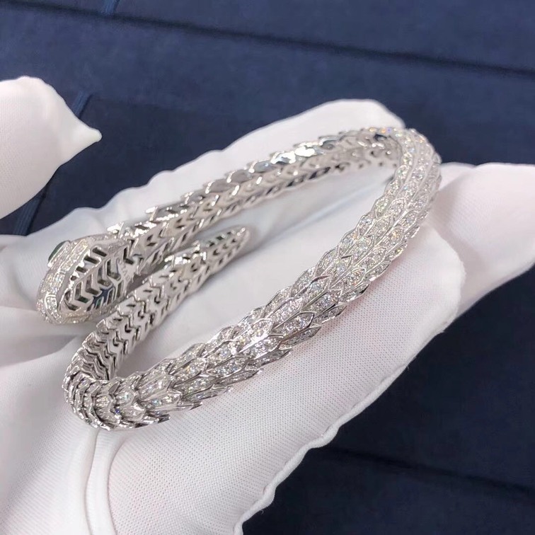 Bvlgari Serpenti 18kt White Gold Bracelet Set With Pave Diamonds And Two Emerald Eyes