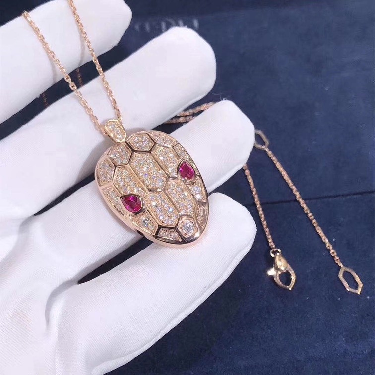 Bvlgari Serpenti Necklace 18kt Pink Gold Chain Pendant With Diamonds