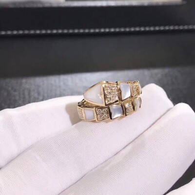 Bvlgari Serpenti One Coil Ring With White Mother Of Pearls Elements And Demi Pave Diamonds