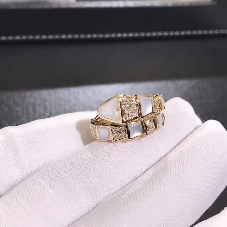 Bvlgari Serpenti One Coil Ring With White Mother Of Pearls Elements And Demi Pave Diamonds