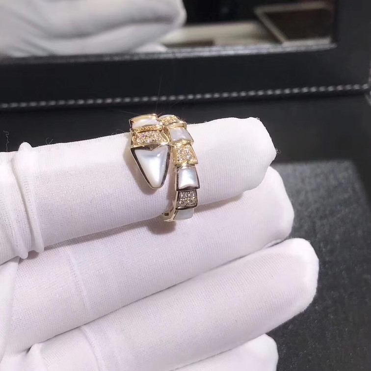Bvlgari Serpenti One Coil Ring With White Mother Of Pearls Elements And Demi Pave Diamonds