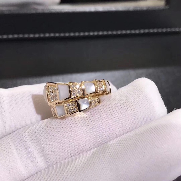 Bvlgari Serpenti One Coil Ring With White Mother Of Pearls Elements And Demi Pave Diamonds
