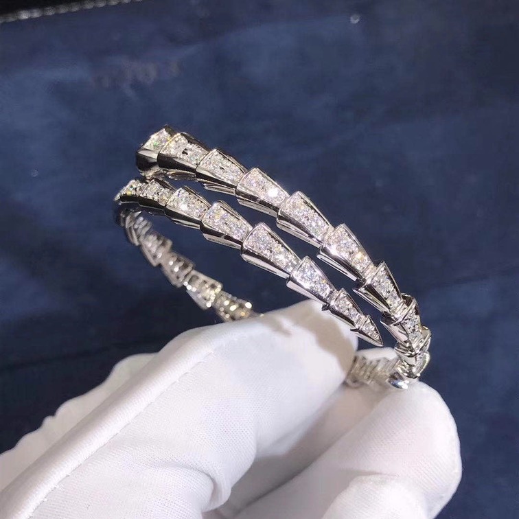 Bvlgari Serpenti One Coil Slim Bracelet In 18kt White Gold With Full Pave Diamonds