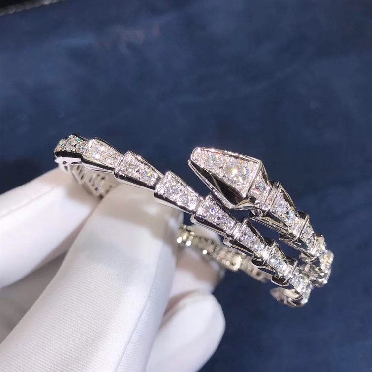 Bvlgari Serpenti One Coil Slim Bracelet In 18kt White Gold With Full Pave Diamonds