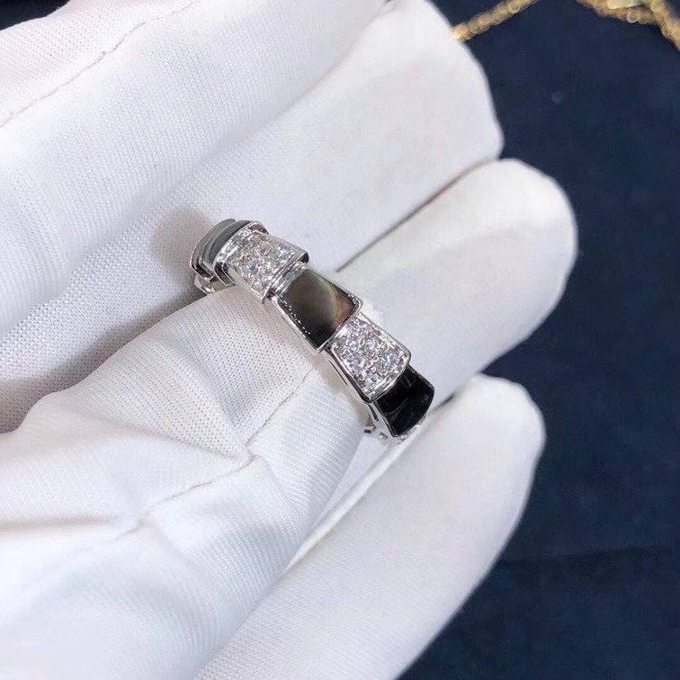 Bvlgari Serpenti White Gold Gray Mother Of Pearl And Pave Diamonds Viper Band Ring