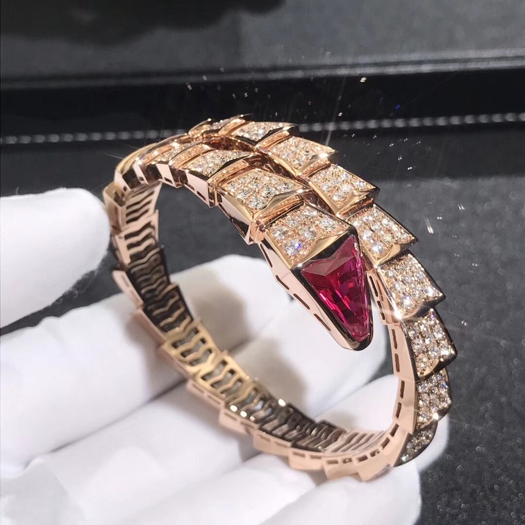 Inspired Bulgari Serpenti One Coil Bracelet 18k Rose Gold Pave Full Diamond And Rubellite