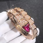 Inspired Bulgari Serpenti One Coil Bracelet 18k Rose Gold Pave Full Diamond And Rubellite