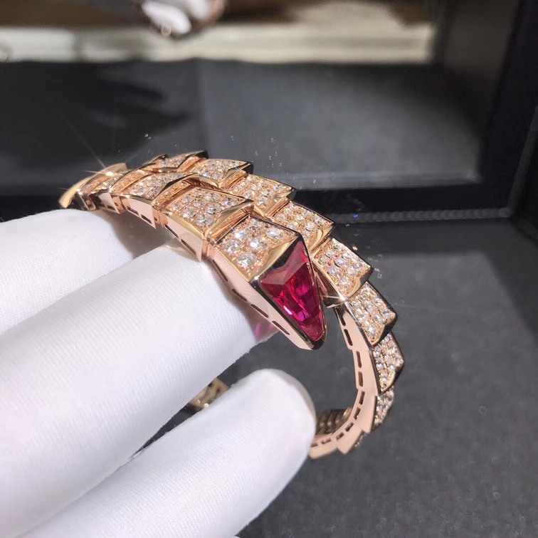Inspired Bulgari Serpenti One Coil Bracelet 18k Rose Gold Pave Full Diamond And Rubellite