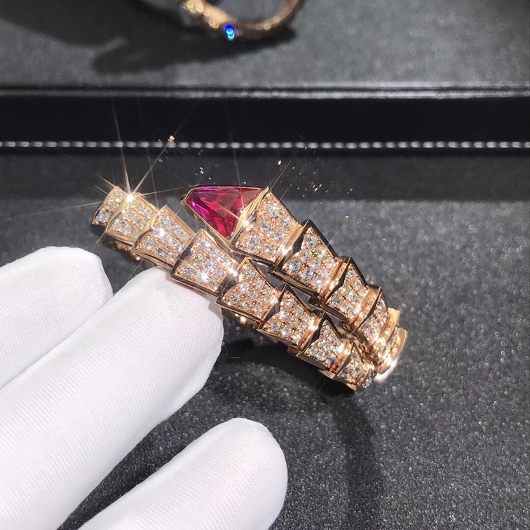 Inspired Bulgari Serpenti One Coil Bracelet 18k Rose Gold Pave Full Diamond And Rubellite