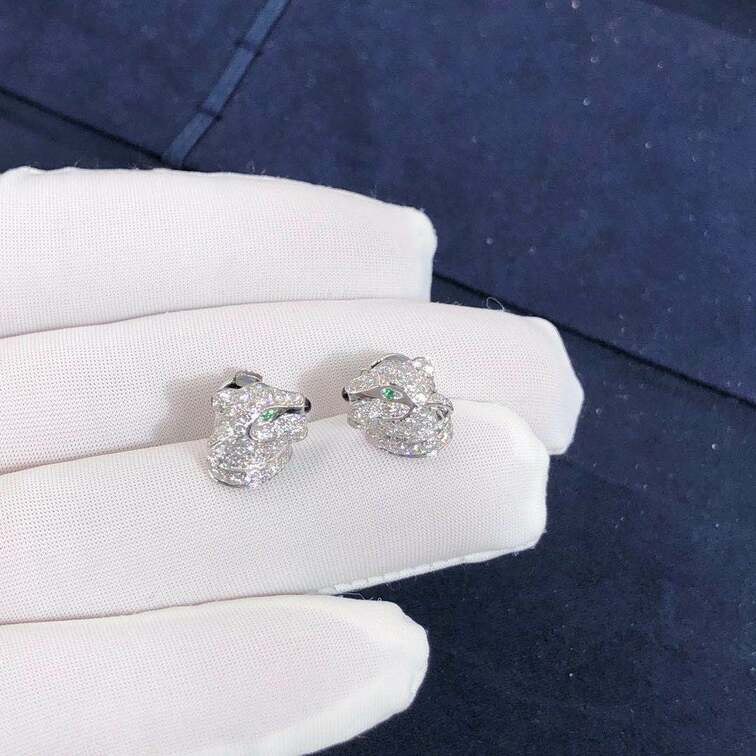 Cartier 18k White Gold Panthere De Cartier Diamond Emerald And Onyx Earrings