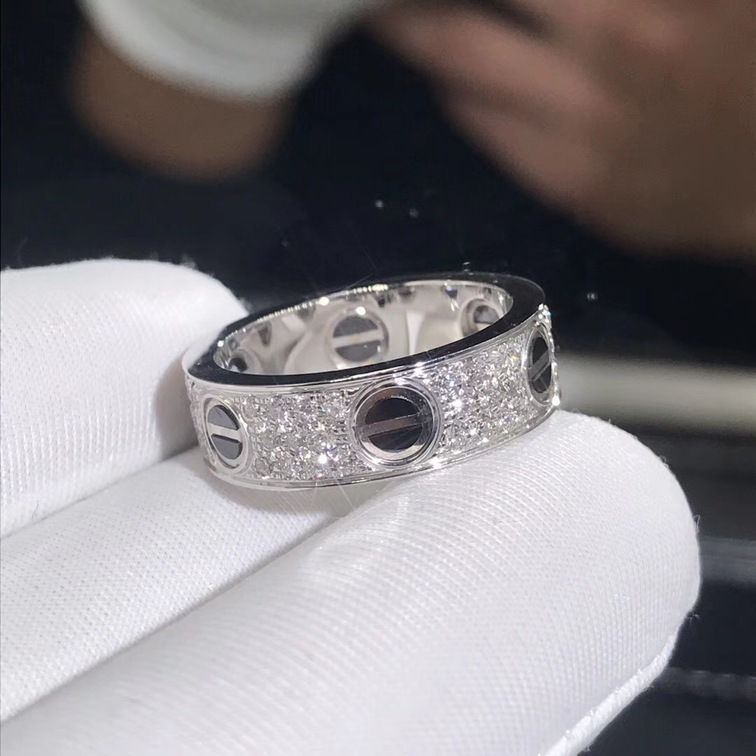 Cartier Love Ring 18k White Gold Paved Diamonds Black Ceramic