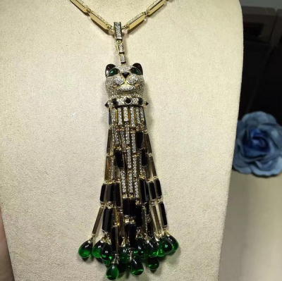Cartier Panthere De Cartier Necklace 18k White Gold Pave Diamonds With Emeralds Onyx