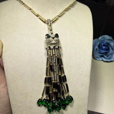 Cartier Panthere De Cartier Necklace 18k White Gold Pave Diamonds With Emeralds Onyx