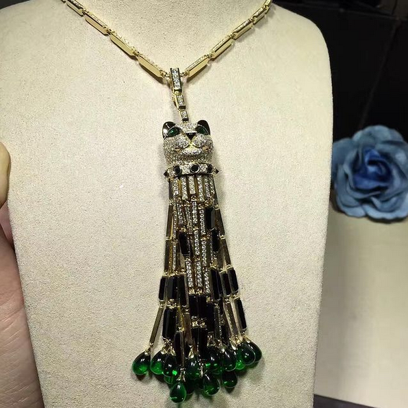 Cartier Panthere De Cartier Necklace 18k White Gold Pave Diamonds With Emeralds Onyx