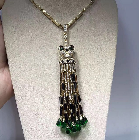 Cartier Panthere De Cartier Necklace 18k White Gold Pave Diamonds With Emeralds Onyx