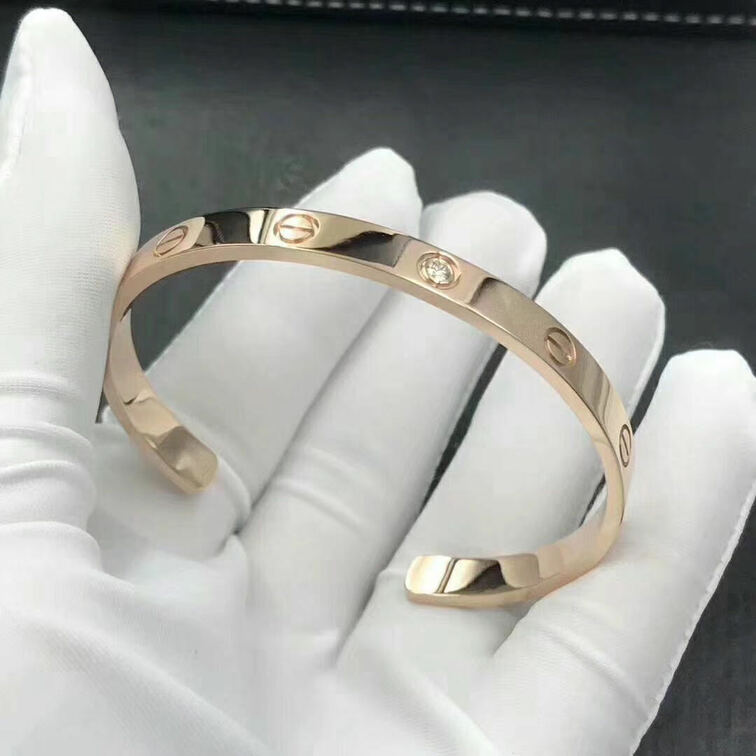 Custom 18k Rose Gold 1 Diamond Cartier Love Open Cuff Bracelet