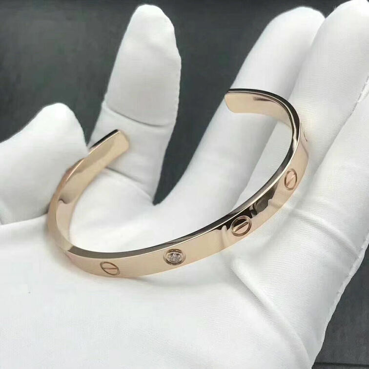 Custom 18k Rose Gold 1 Diamond Cartier Love Open Cuff Bracelet