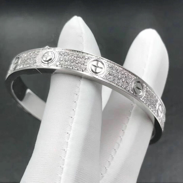 Custom 18k White Gold Cartier Love Bracelet With 204 Diamond Paved