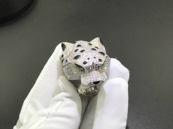 Custom Cartier 18k White Gold Full Diamond Pave Onyx Emerald Panthere De Cartier Ring