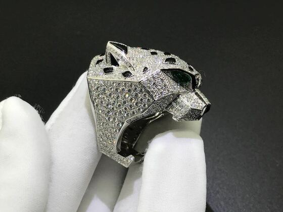 Custom Cartier 18k White Gold Full Diamond Pave Onyx Emerald Panthere De Cartier Ring