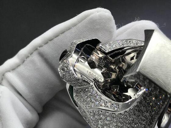 Custom Cartier 18k White Gold Full Diamond Pave Onyx Emerald Panthere De Cartier Ring