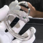 Custom Made Panthere De Cartier 18k White Gold 1602ct Diamond Emerald Onyx Bracelet