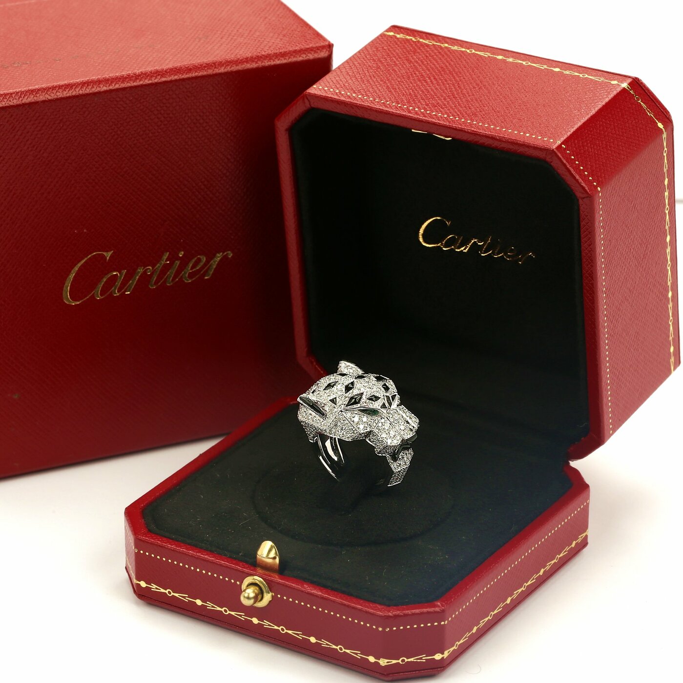 Full Diamond Pave Onyx Emerald Panthere De Cartier Ring