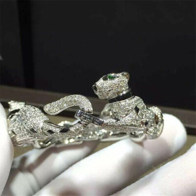 Genuine 18k White Gold 925ct Diamond Emeralds Onyx Panthere De Cartier Bracelet
