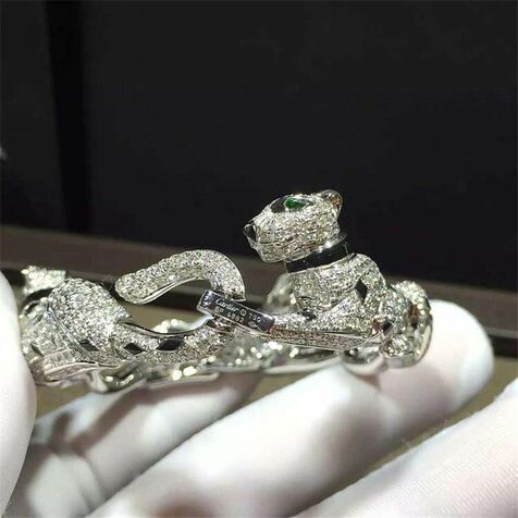 Genuine 18k White Gold 925ct Diamond Emeralds Onyx Panthere De Cartier Bracelet