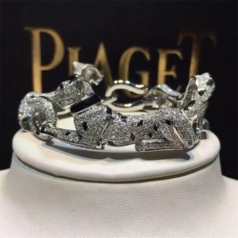 Genuine 18k White Gold 925ct Diamond Emeralds Onyx Panthere De Cartier Bracelet