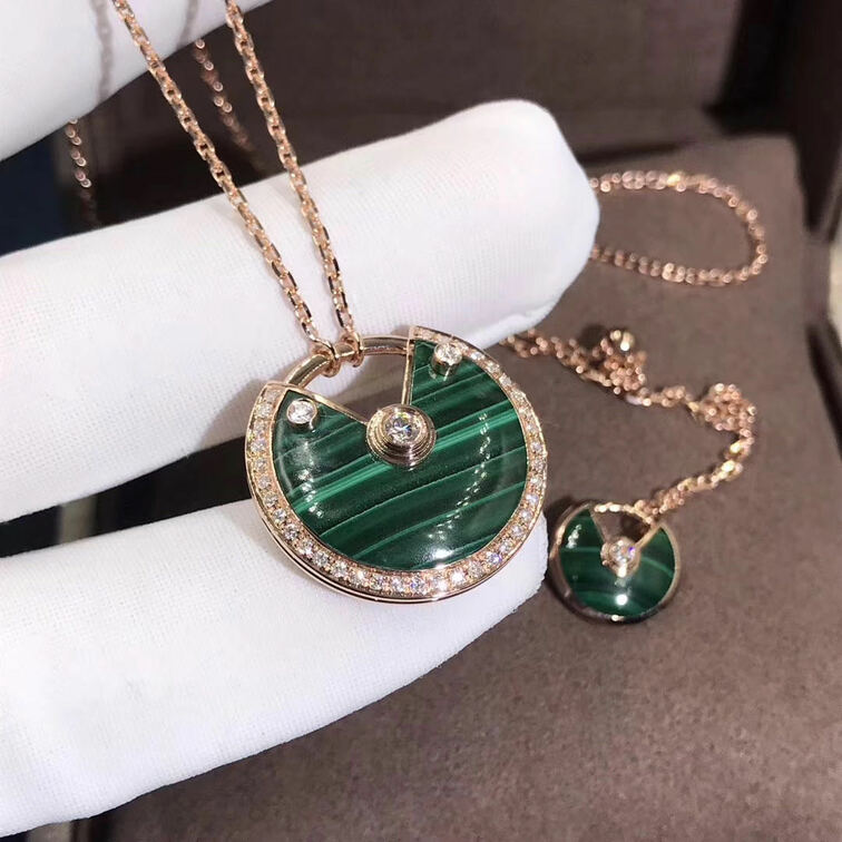Inspired Amulette De Cartier Necklace 18k Pink Gold Malachite Medium Model