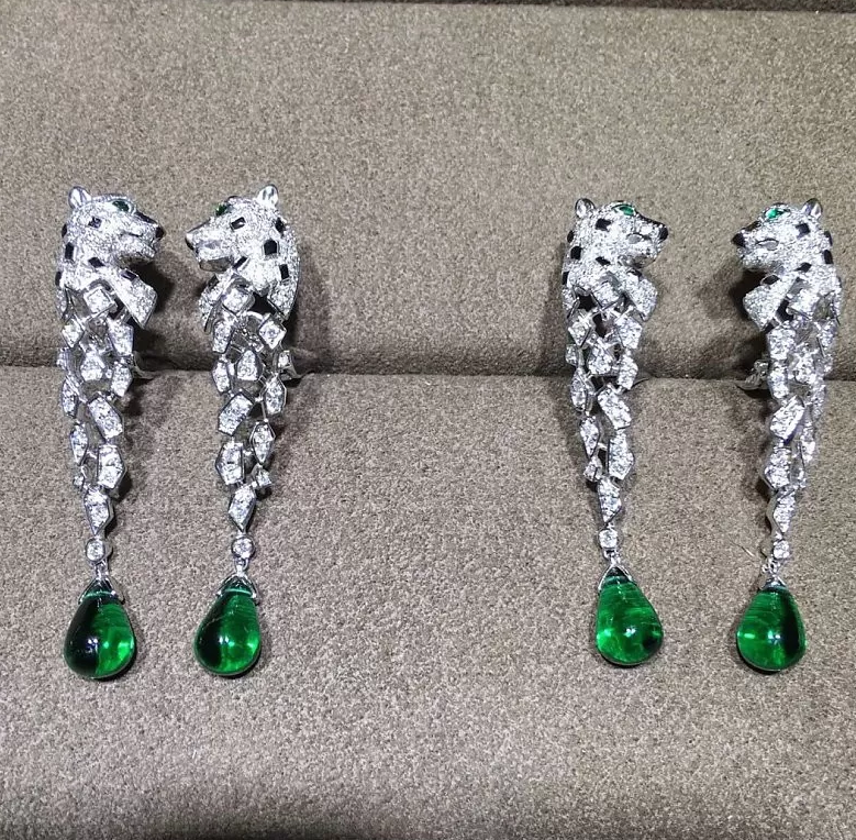 Inspired Panthere De Cartier Earrings 18k White Gold With Diamonds Emeralds