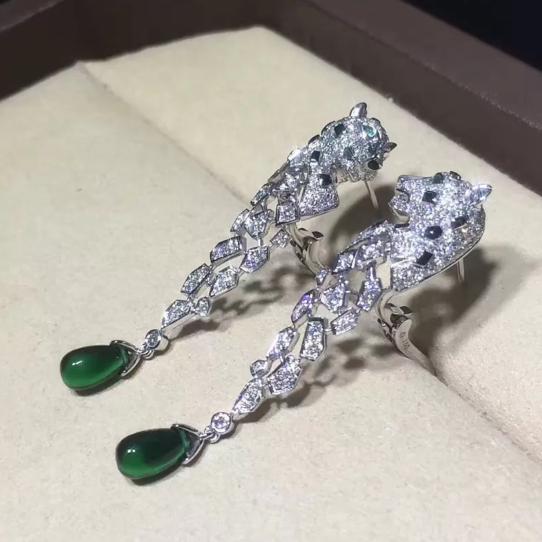 Inspired Panthere De Cartier Earrings 18k White Gold With Diamonds Emeralds