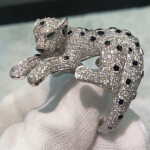 Inspired Panthere De Cartier Ring In Platinum With Pave Diamonds Emeralds And Onyx
